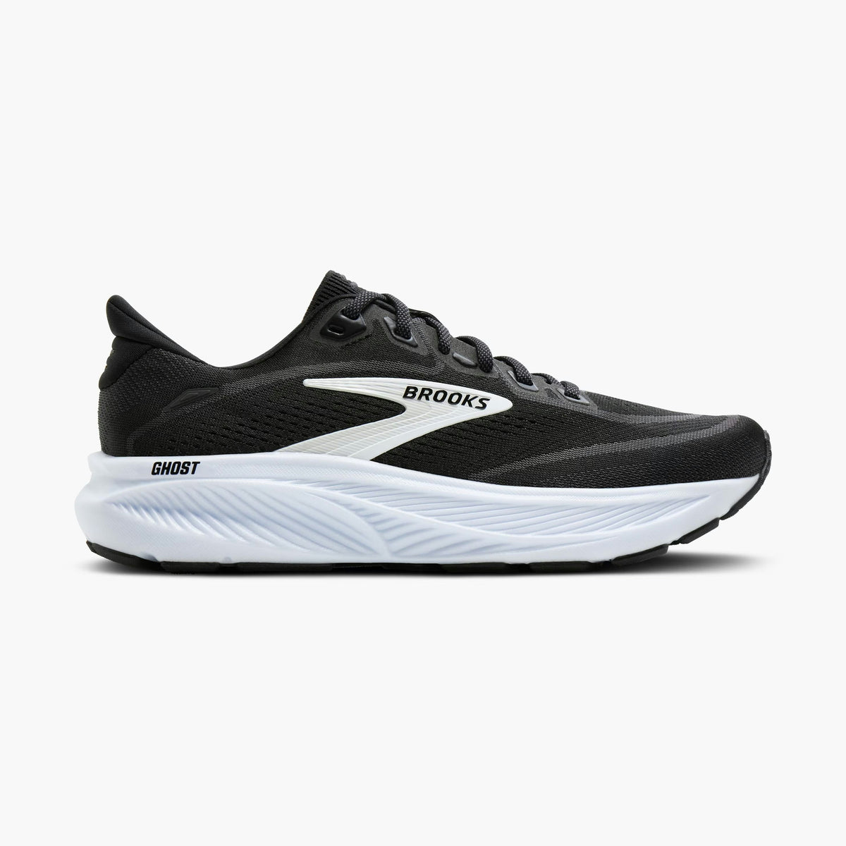 Brooks Men's Ghost 18 running shoe in black and white, shown from a side profile view against a light gray background.