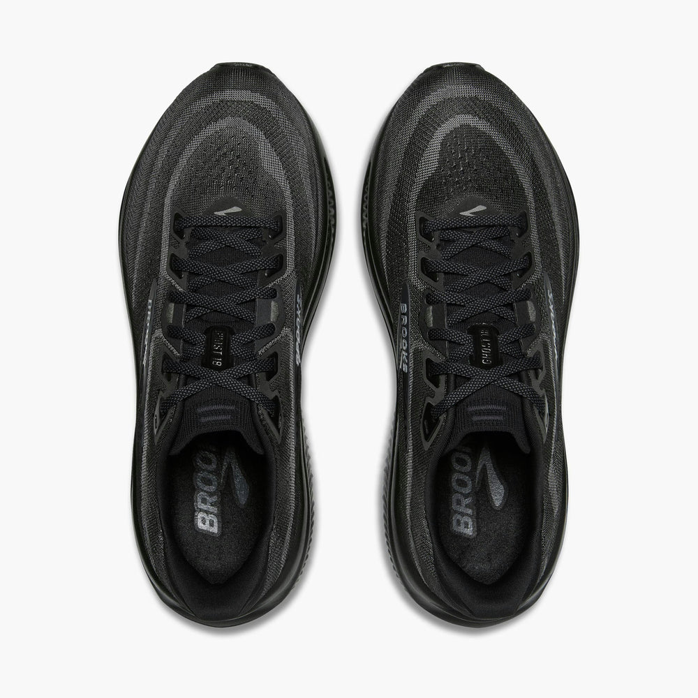 A pair of black Brooks Ghost 18 Women's running shoes shown from a top-down view against a light gray background.