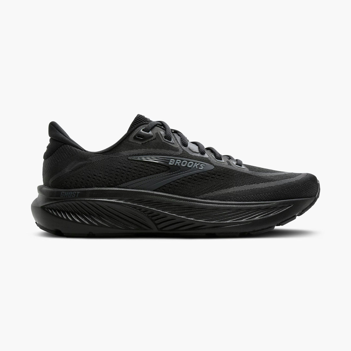 A black on black Brooks Ghost 18 Women's shoe shown in a side profile on a white background.