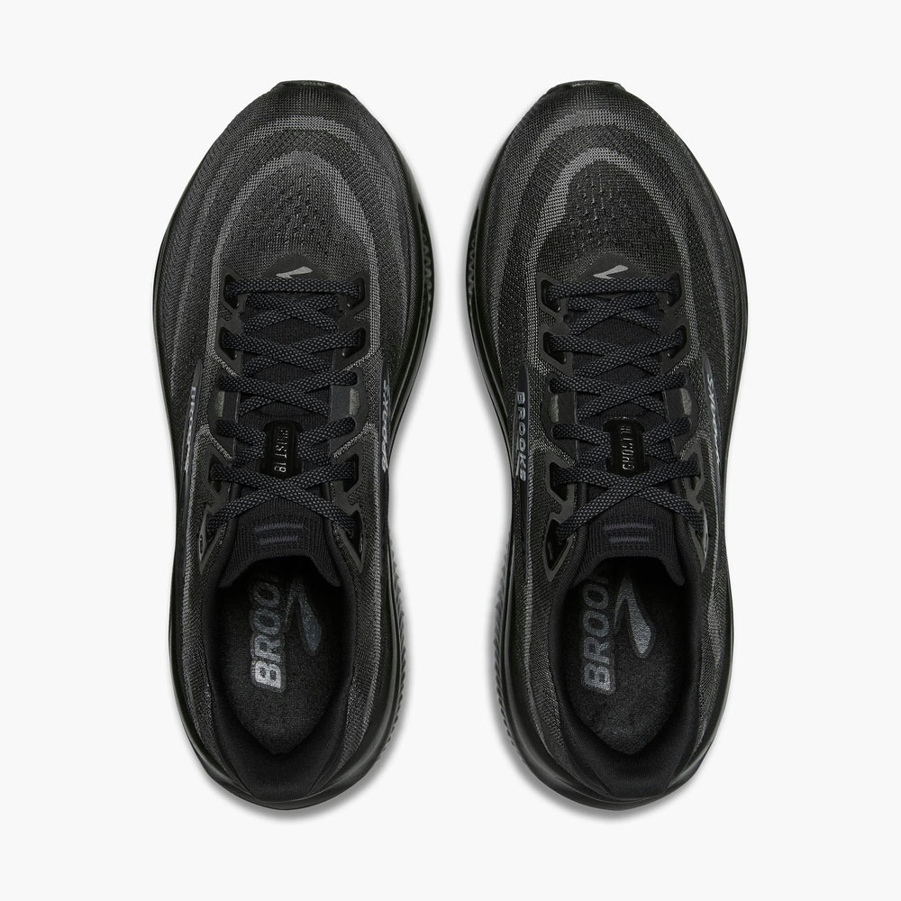 A pair of black Brooks Men's Ghost 18 running shoes shown from a top-down view against a light gray background.