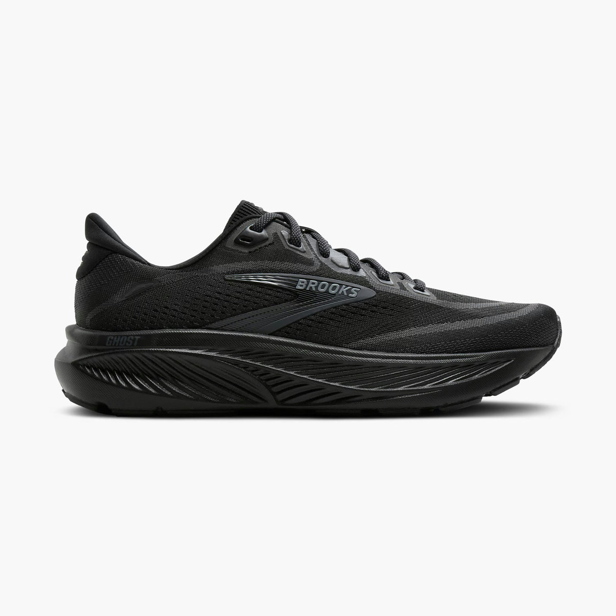 A black on black Brooks Men's Ghost 18 shoe with green accents, shown in a side profile on a white background.