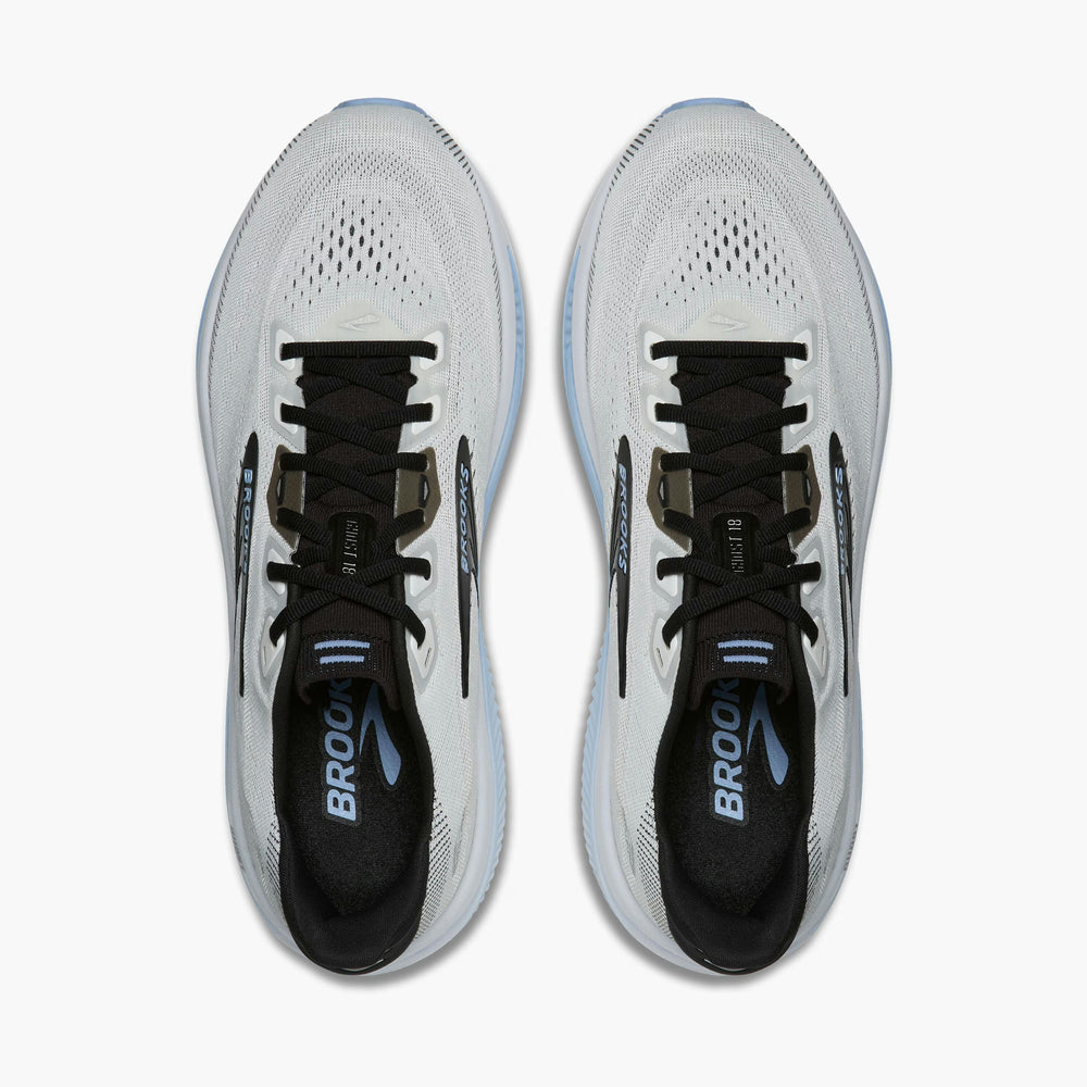 A pair of Brooks Men's Ghost 18 running shoes shown from a top-down view, featuring a white mesh upper with black laces, black collar lining, and light blue accents.
