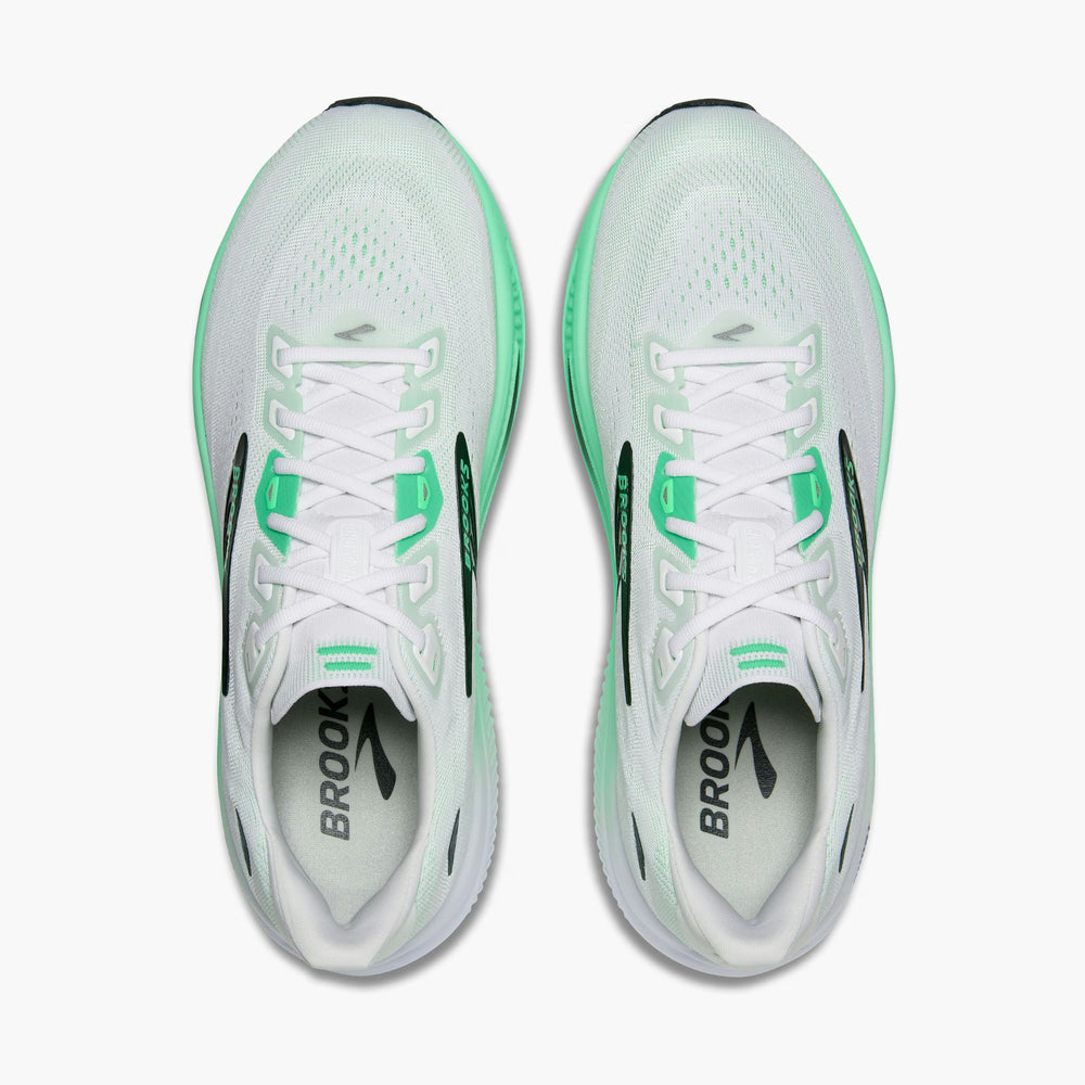 A pair of Brooks Men's Ghost 18 running shoes shown from a top-down view, featuring a white mesh upper with mint green accents, white laces, and black branding details.