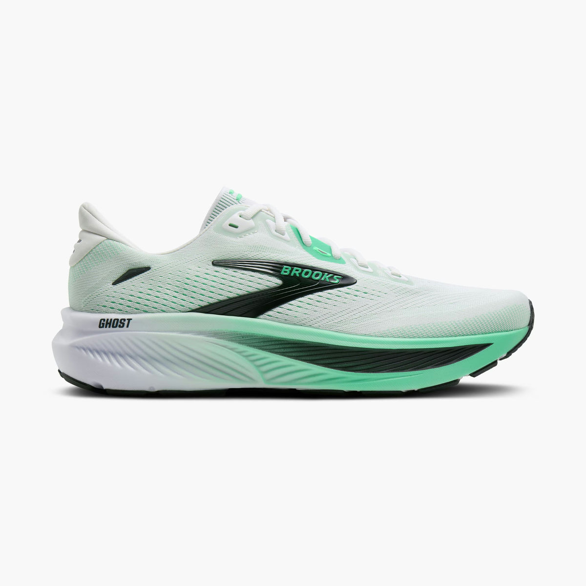 Brooks Men's Ghost 18 running shoe in white and mint green with black accents, shown in a side profile on a light gray background.