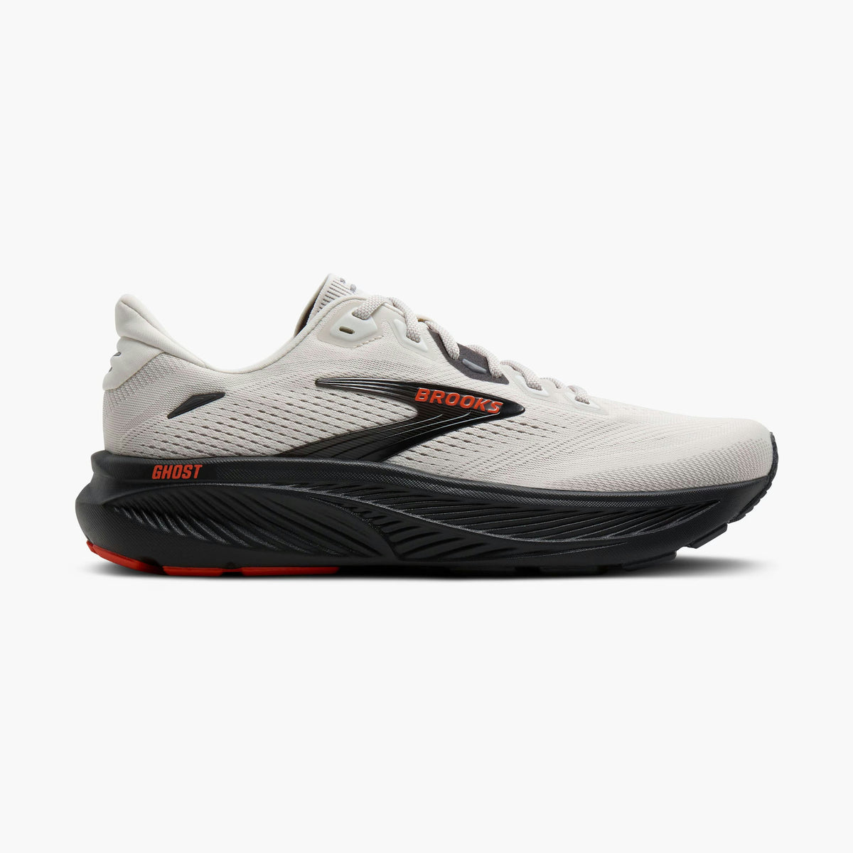 White and black Brooks Men's Ghost 18 on a white background