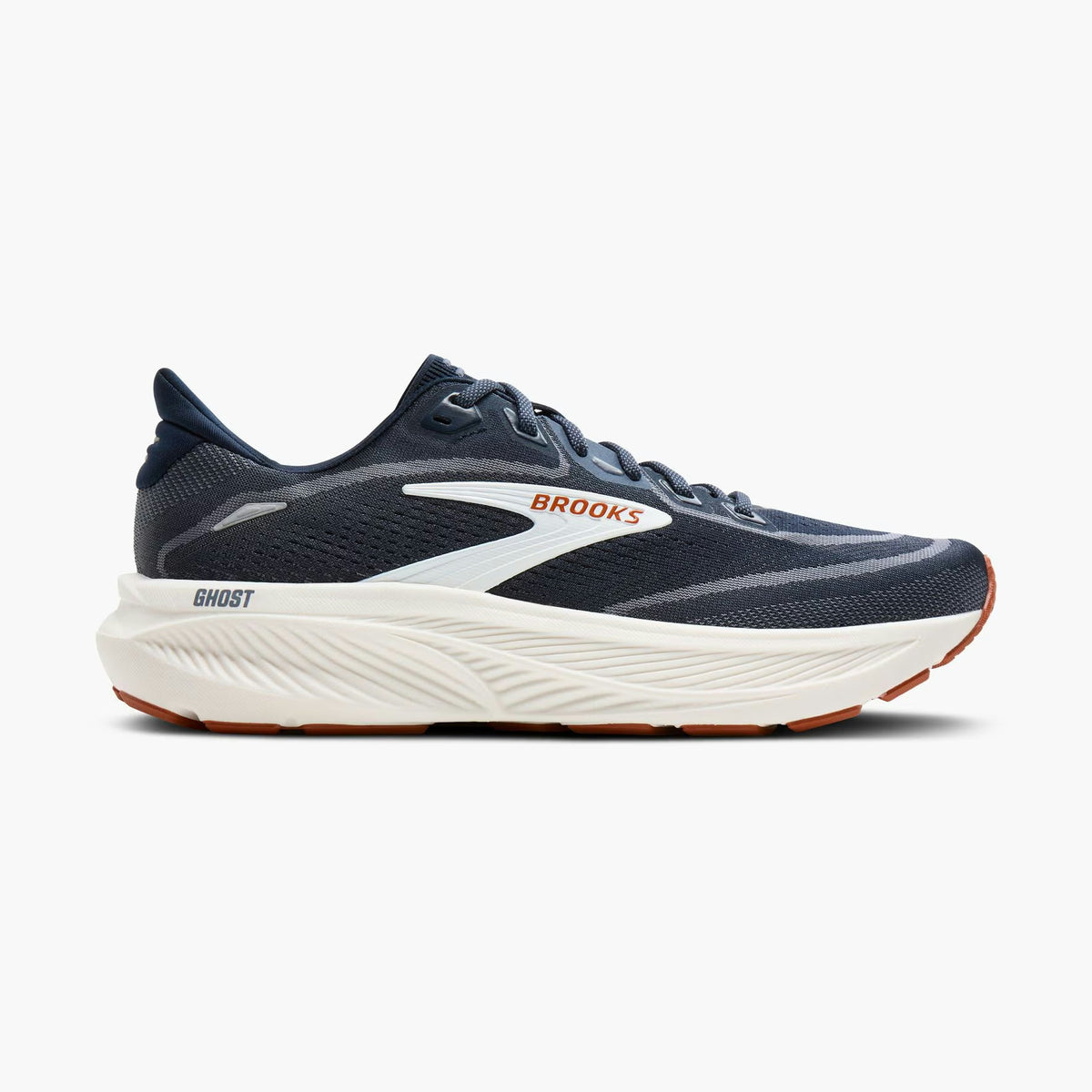 Brooks Ghost 18 – Men's running shoe in navy blue and white with a small orange accent on the logo and outsole, shown in a side profile on a light gray background.