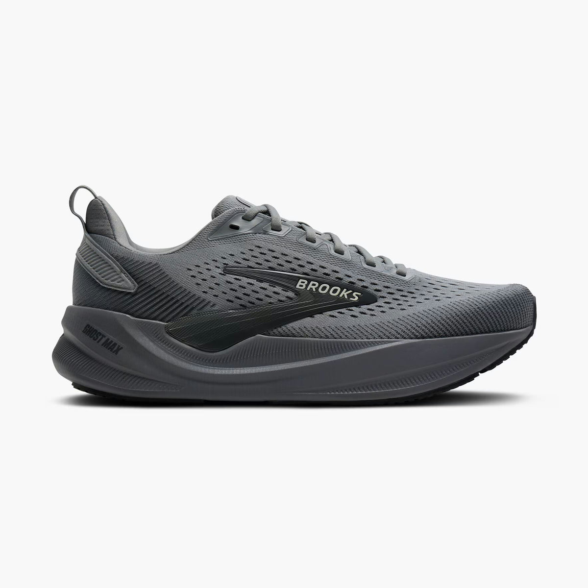 A gray Brooks Ghost Max 4 mens running shoe shown from the side against a light gray background.
