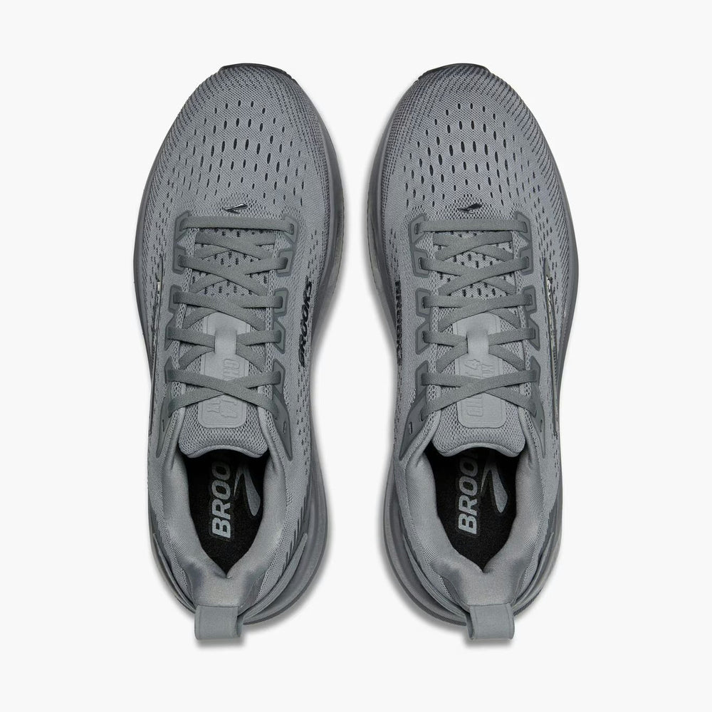A pair of gray Brooks Ghost Max 4 mens running shoes shown from a top-down view on a light gray background.