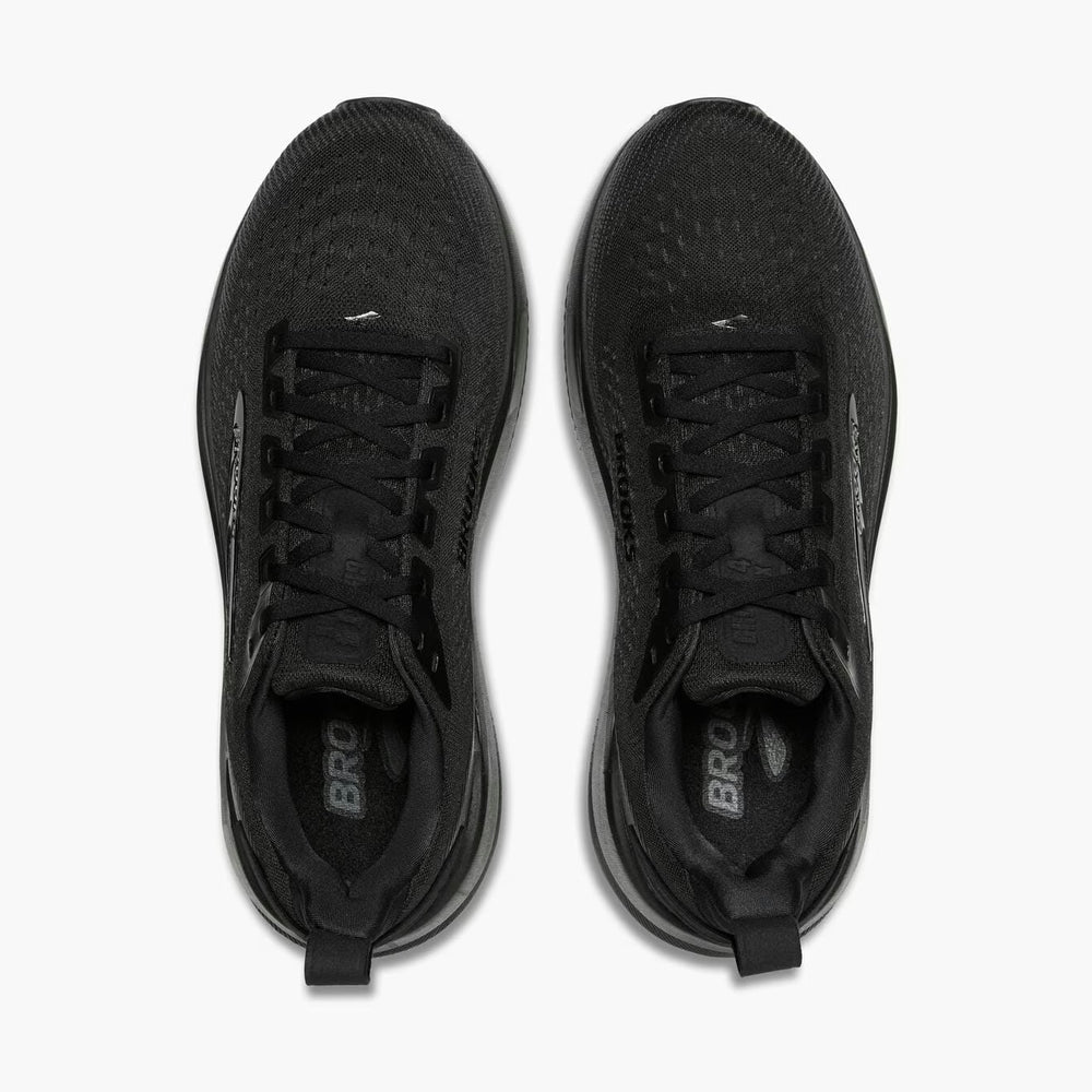 A pair of black Brooks Ghost Max 4 mens running shoes shown from a top-down view on a light gray background.