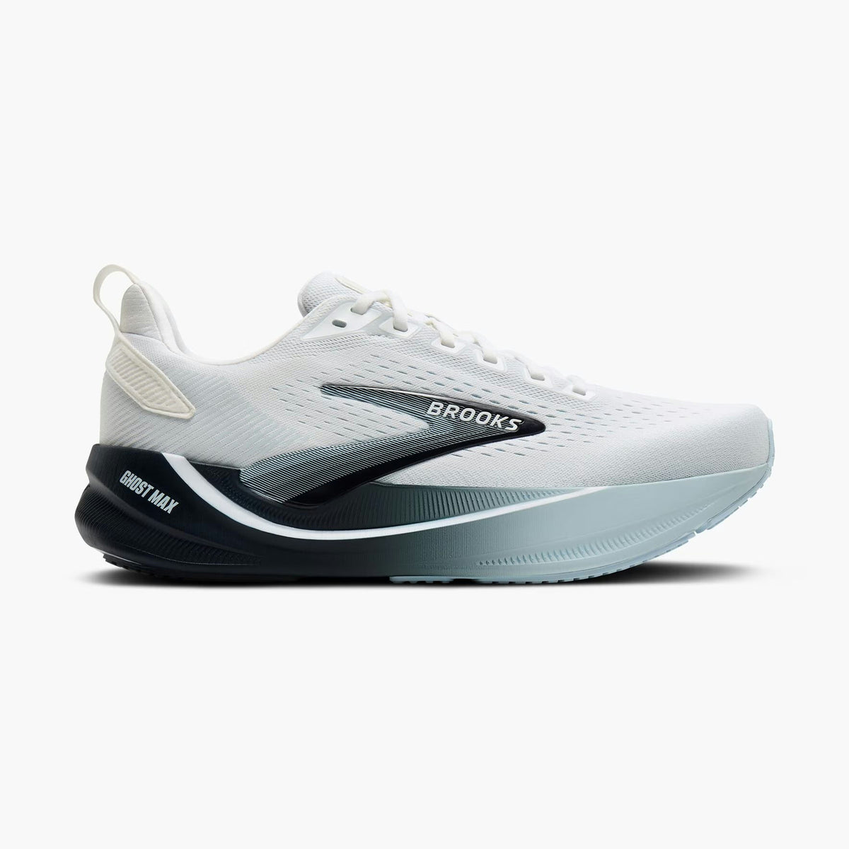 Brooks Ghost Max 4 running shoe in white, gray, and navy blue, shown from a side profile on a light gray background.