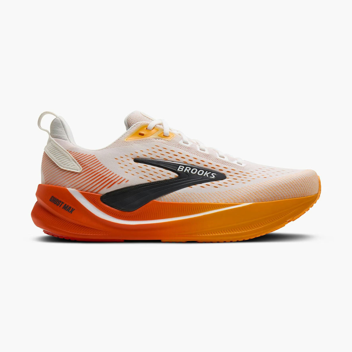 Brooks Ghost Max 4 mens running shoe in white, orange, and black, shown from a side profile on a light gray background.