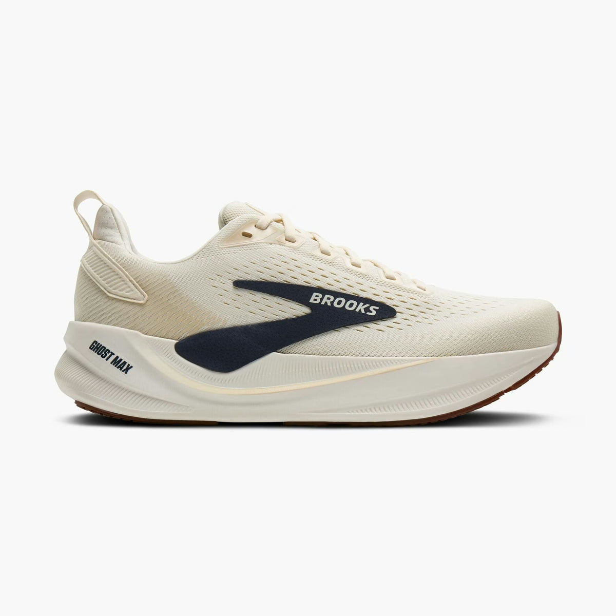 Brooks Ghost Max 4 mens running shoe in off-white with a navy blue side logo and heel accent, shown in a side profile on a light gray background.