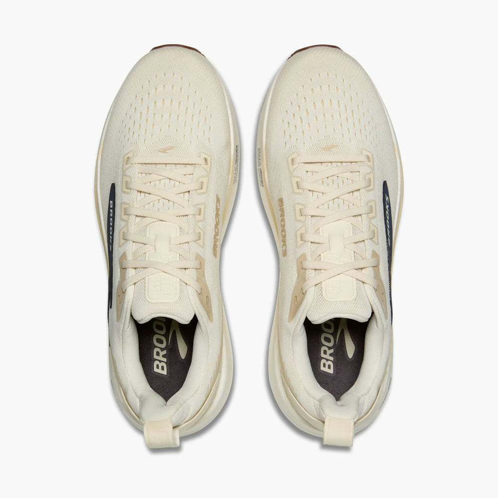 A pair of Brooks Ghost Max 4 mens running shoes in a light cream/off-white colorway, shown from a top-down view against a clean white background.