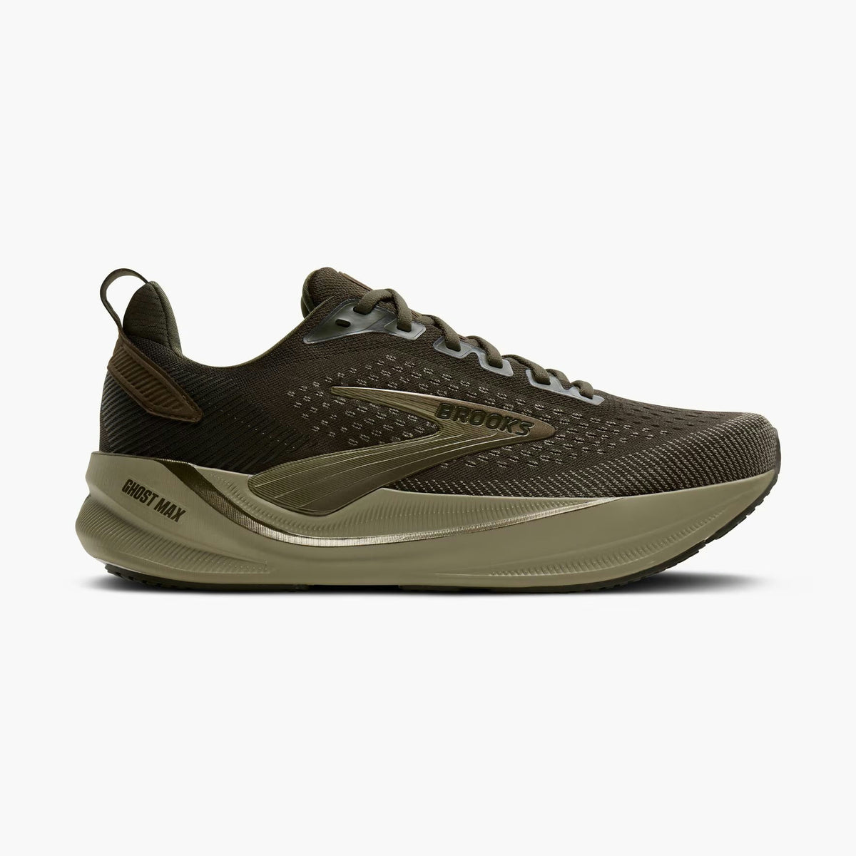Brooks Ghost Max 4 mens running shoe in dark brown and olive green, shown from a side profile on a light gray background.