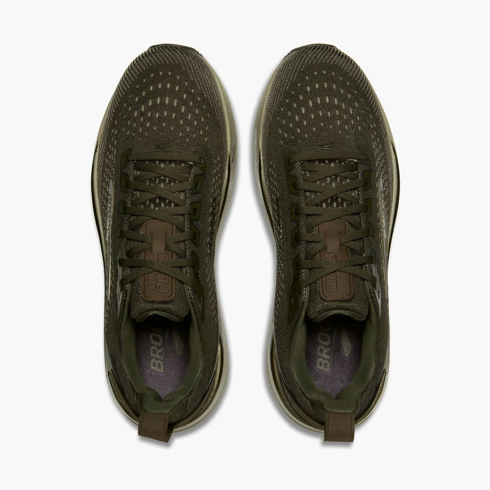 A pair of Brooks Ghost Max 4 mens running shoes in olive green, shown from a top-down view on a light gray background.