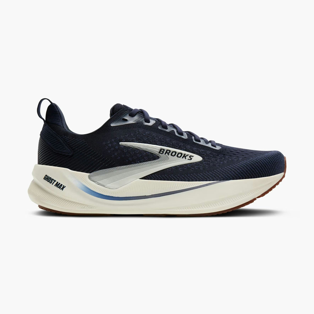 Brooks Ghost Max 4 mens running shoe in navy blue and white, shown from a side profile view against a light gray background.