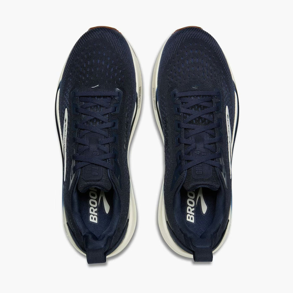 A pair of Brooks Ghost Max 4 mens running shoes in navy blue, shown from a top-down view against a light gray background.