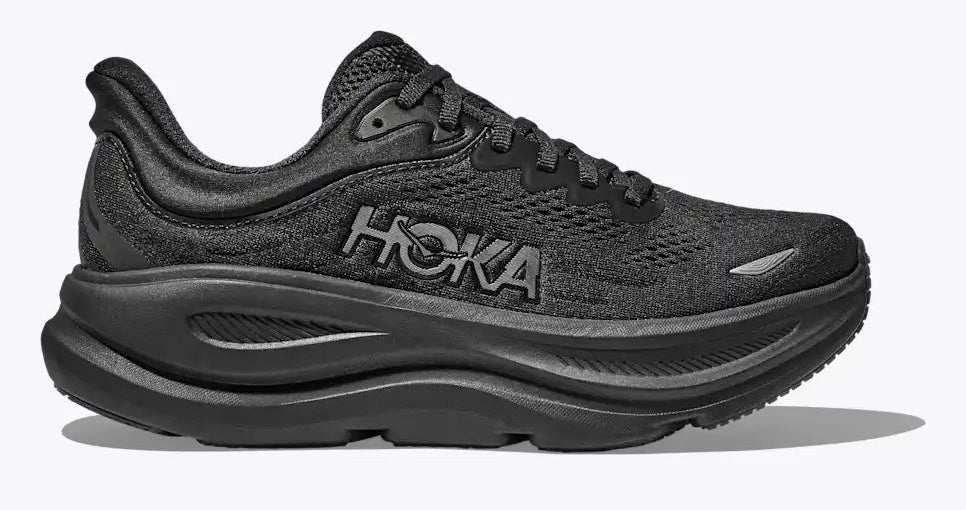 Black Hoka Bondi 9  running shoe with silver accents on a white background