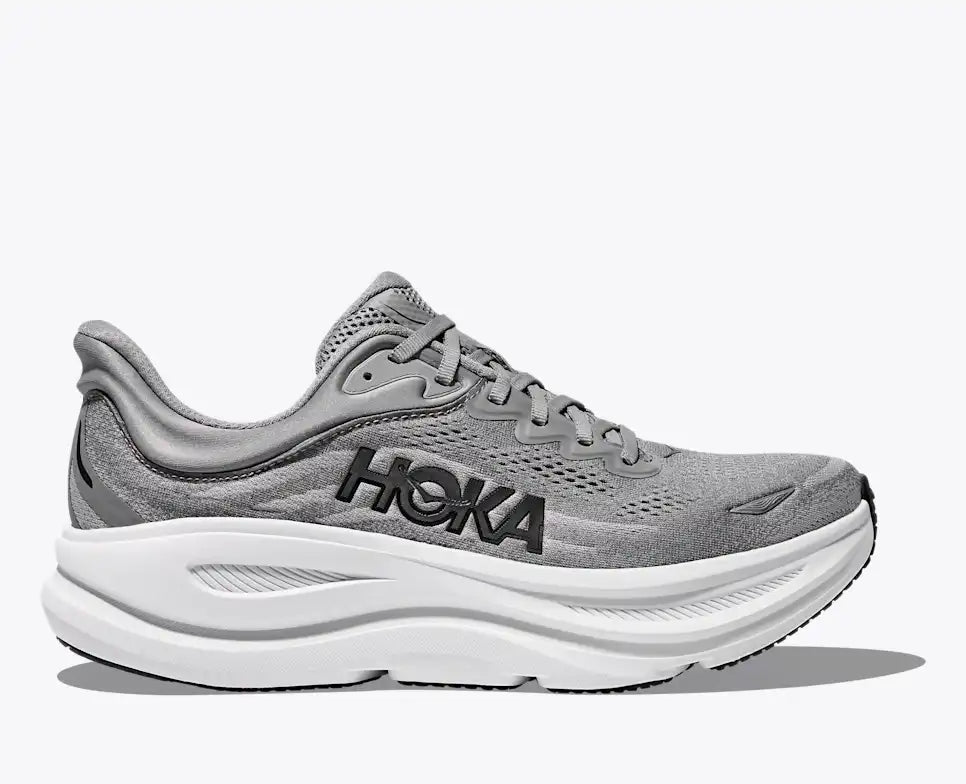 Gray Hoka Bondi 9 running shoe with white sole on a white background