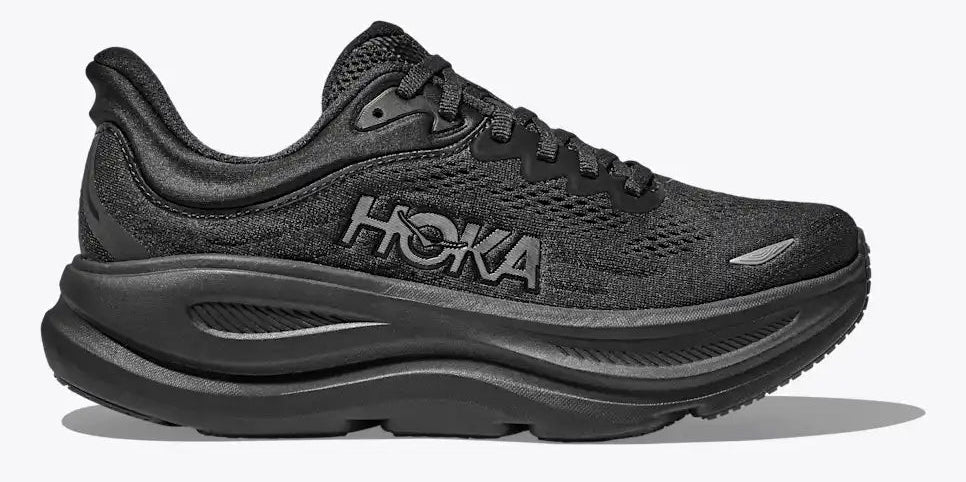 Black hoka Bondi 9 running shoe with silver accents on a white background