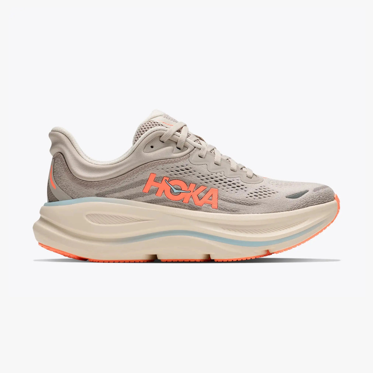 A Hoka Bondi 9 – Women's running shoe in light gray and beige with a prominent orange logo on the side, set against a clean white background.