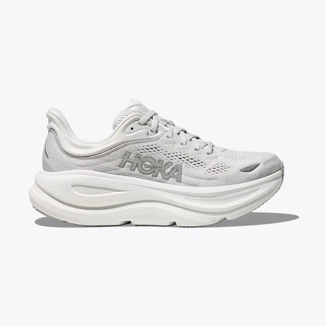 A Hoka Bondi 9 – Women's running shoe in light gray and white, shown from a side profile view against a clean white background.