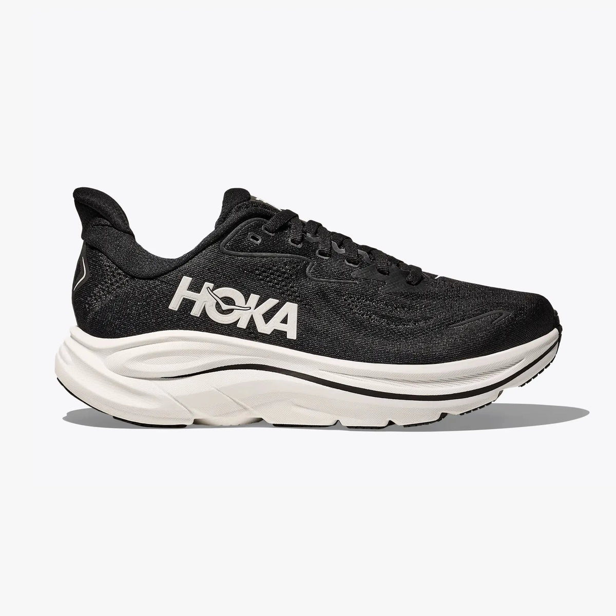 Black Hoka Clifton 10 – Men's running shoe with white sole on a white background