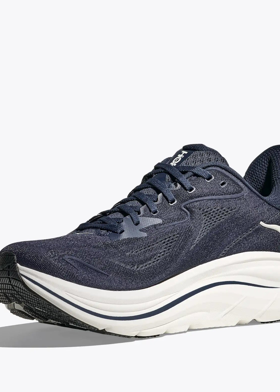 Navy Hoka Men's Clifton 10 running shoe with white sole on a white background