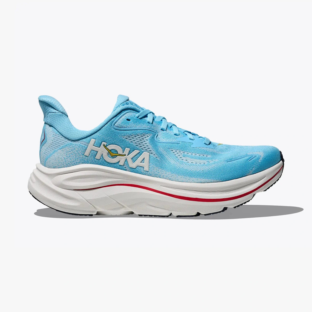 A light blue Hoka Clifton 10 – Women's running shoe with a white midsole and a thin red accent line, shown in a side profile on a light gray background.