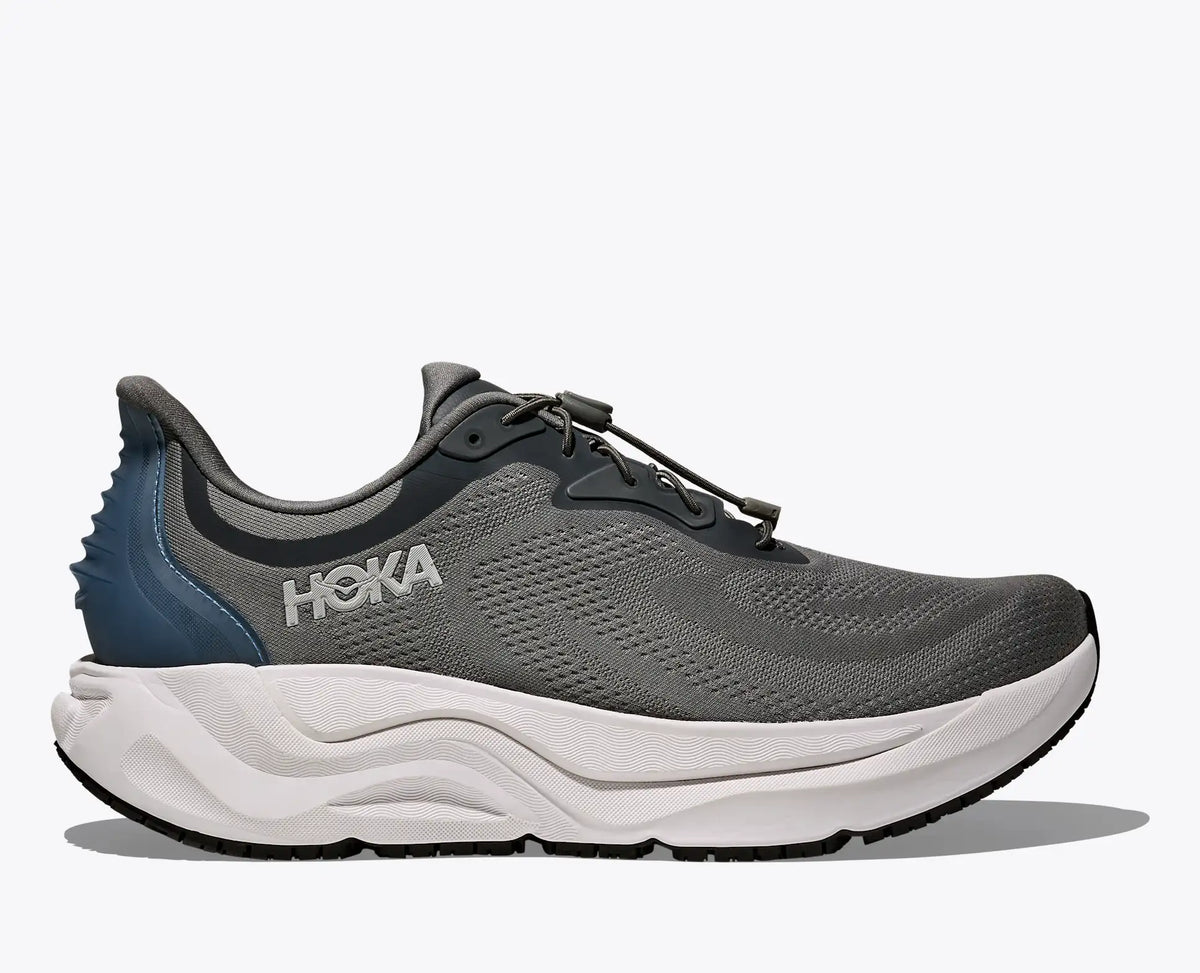 Gray Hoka Arahi Sr – Men's running shoe with white sole on a white background