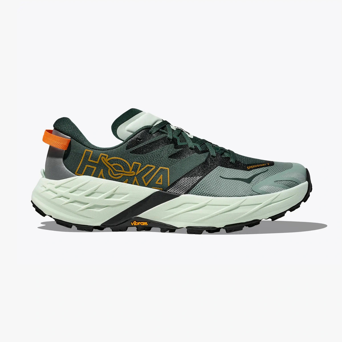 Green Hoka Speedgoat 7 – Men's running shoe on a white background