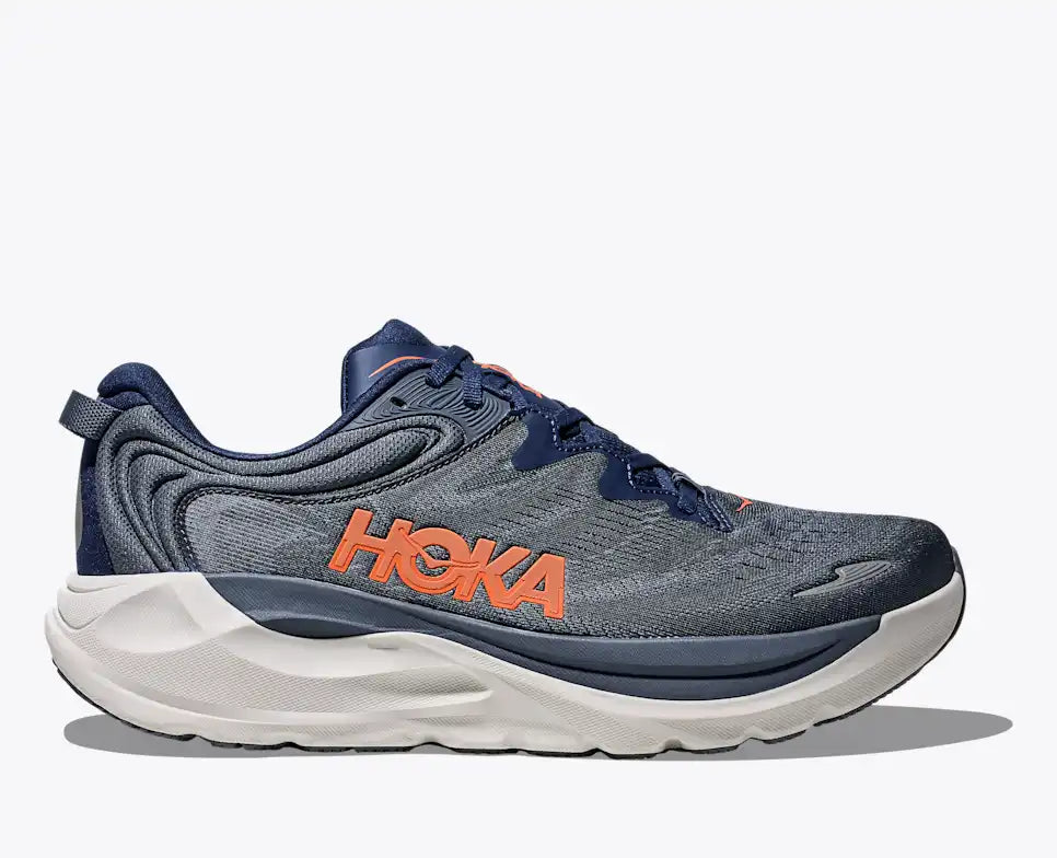 Blue Hoka Gaviota 6 running shoe with orange on a white background