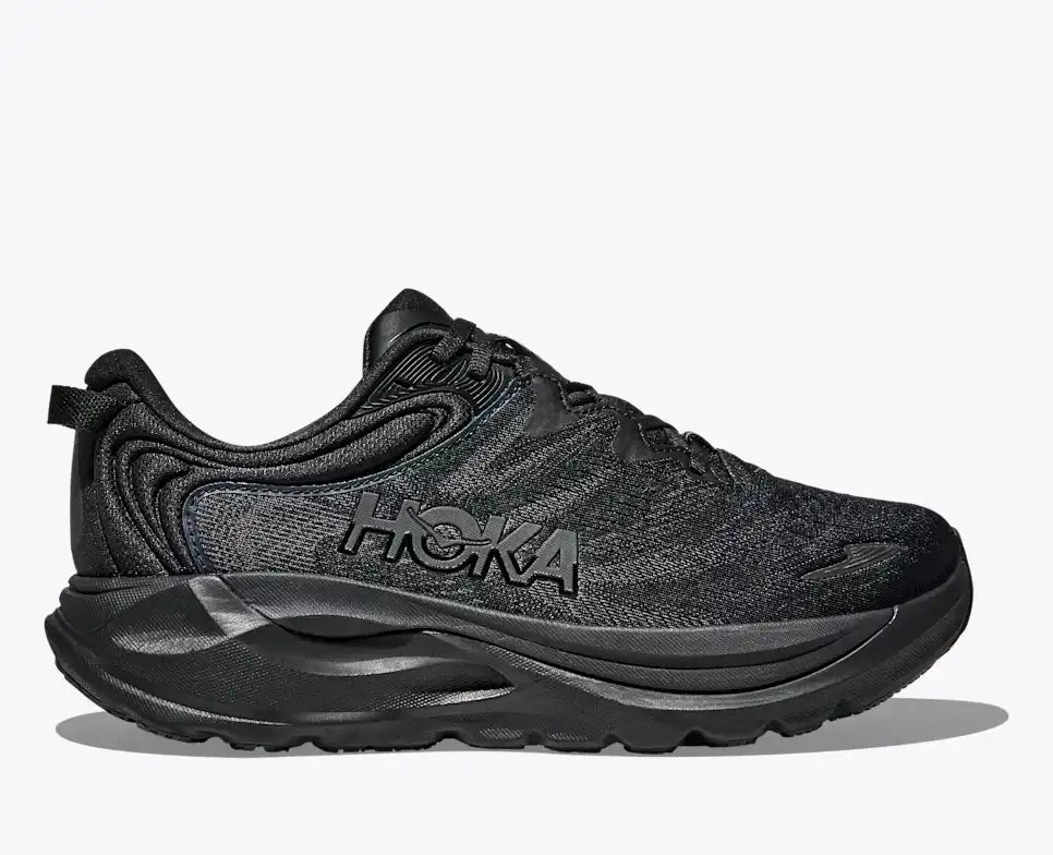 Black Hoka Gaviota 6 – Women's running shoe with silver accents on a white background