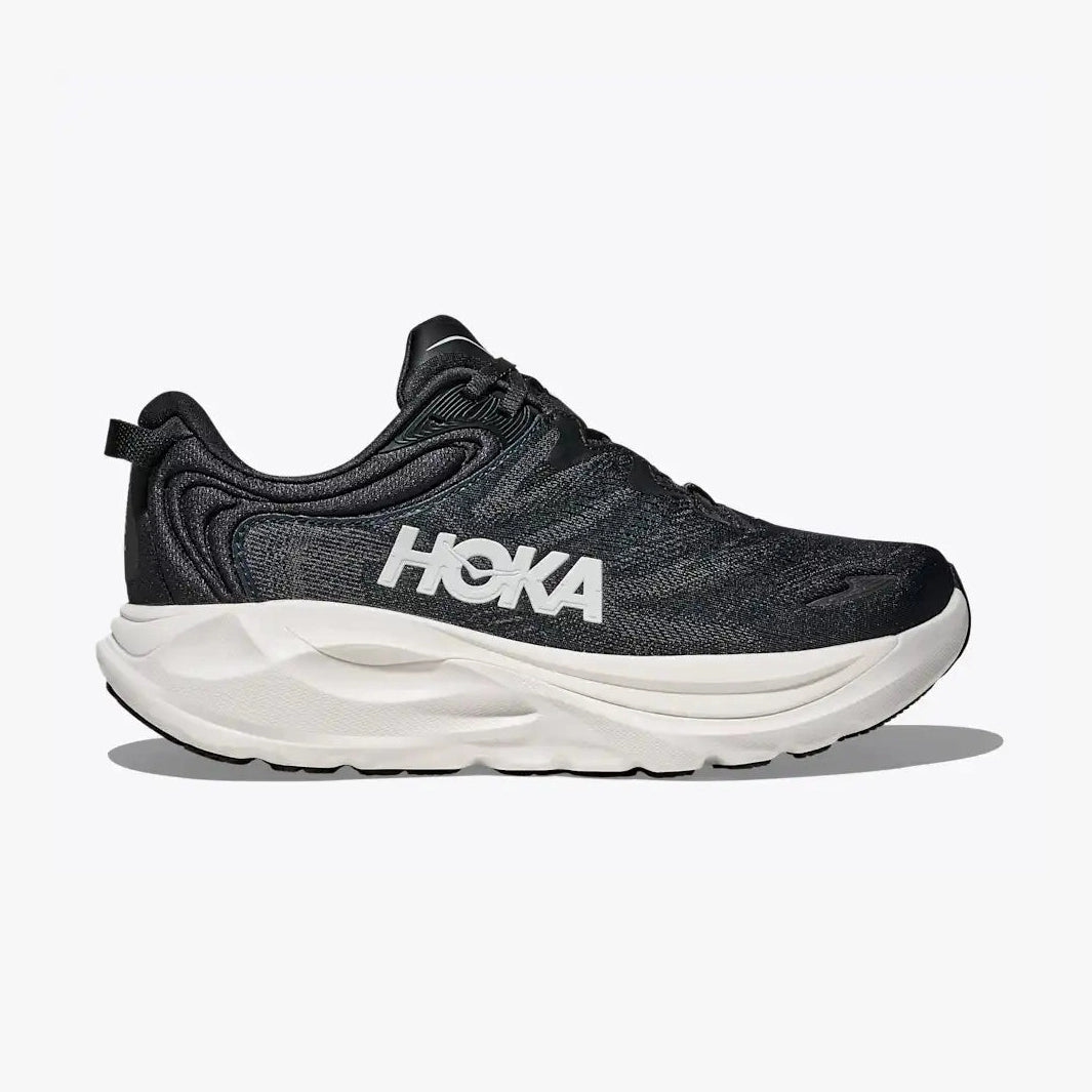 A single Hoka Gaviota 6 – Women's running shoe in black and white, shown from a side profile view against a light gray background.