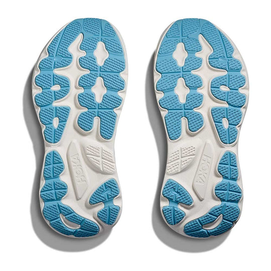 Blue and white sole of a shoe with brand logo on a white background