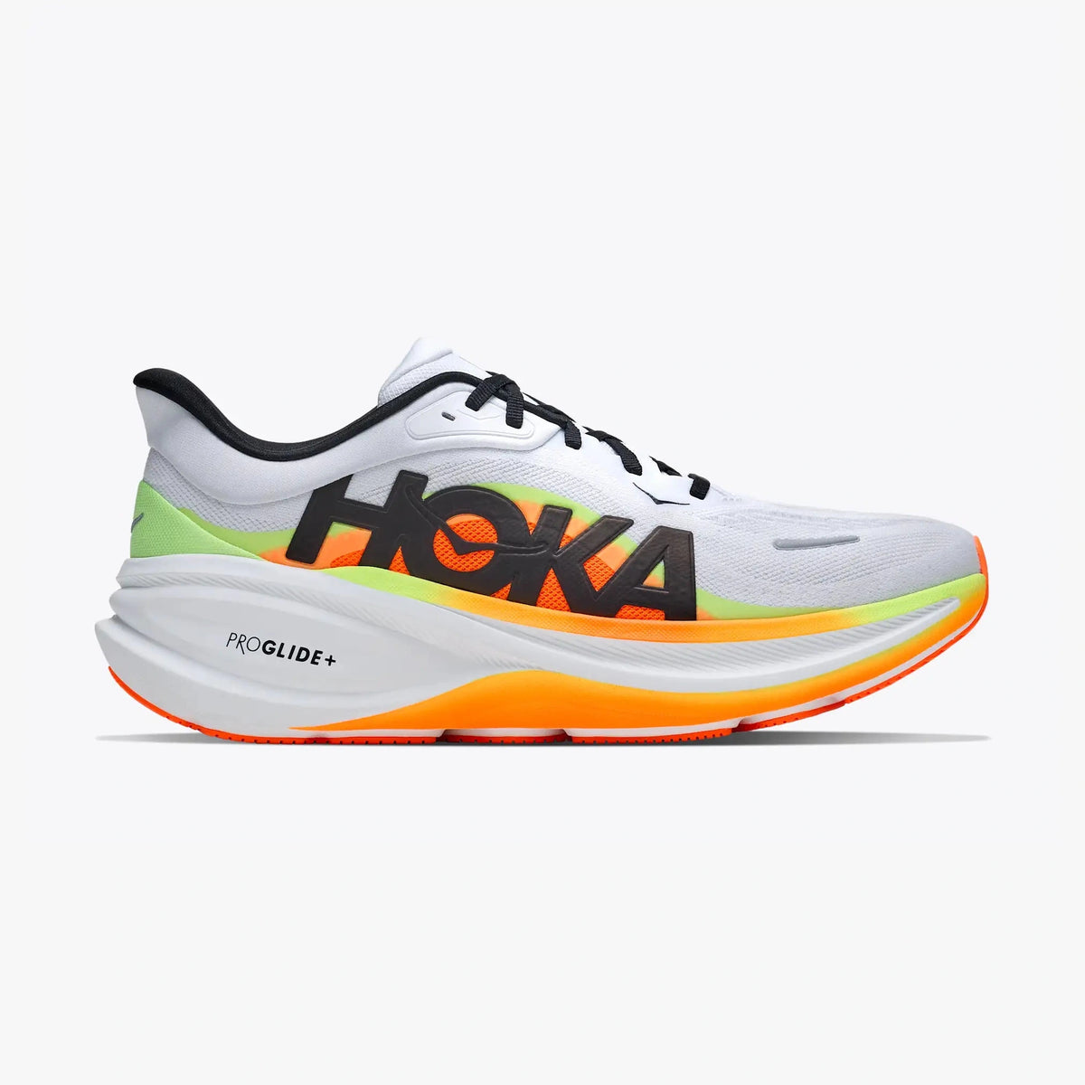 A Hoka Clifton Pro – Men's running shoe in white, black, and neon orange and lime green, shown from a side profile on a light gray background.