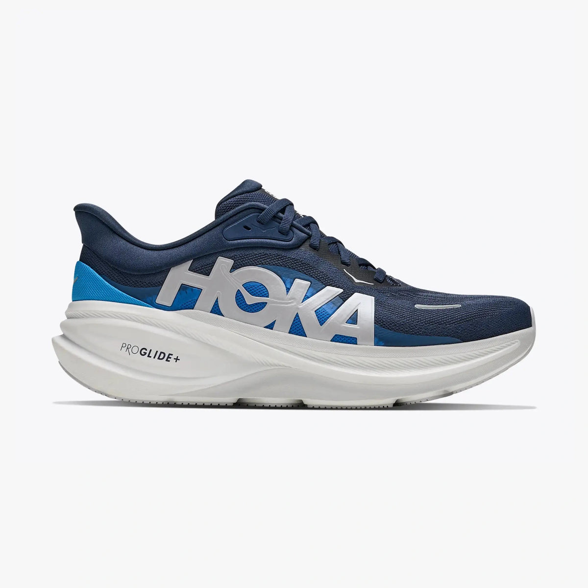 A Hoka Clifton Pro – Men's running shoe in navy blue and white, featuring a thick white midsole with 'PRO GLIDE+' text and a large white 'HOKA' logo outlined in blue on the side, set against a light gray background.