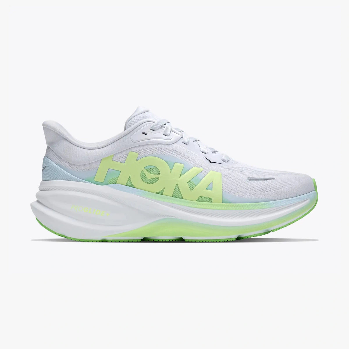 A Clifton Pro – Women's running shoe in white and light blue with a prominent neon green 'HOKA' logo on the side and a matching neon green outsole accent, shown from a side profile against a light gray background.
