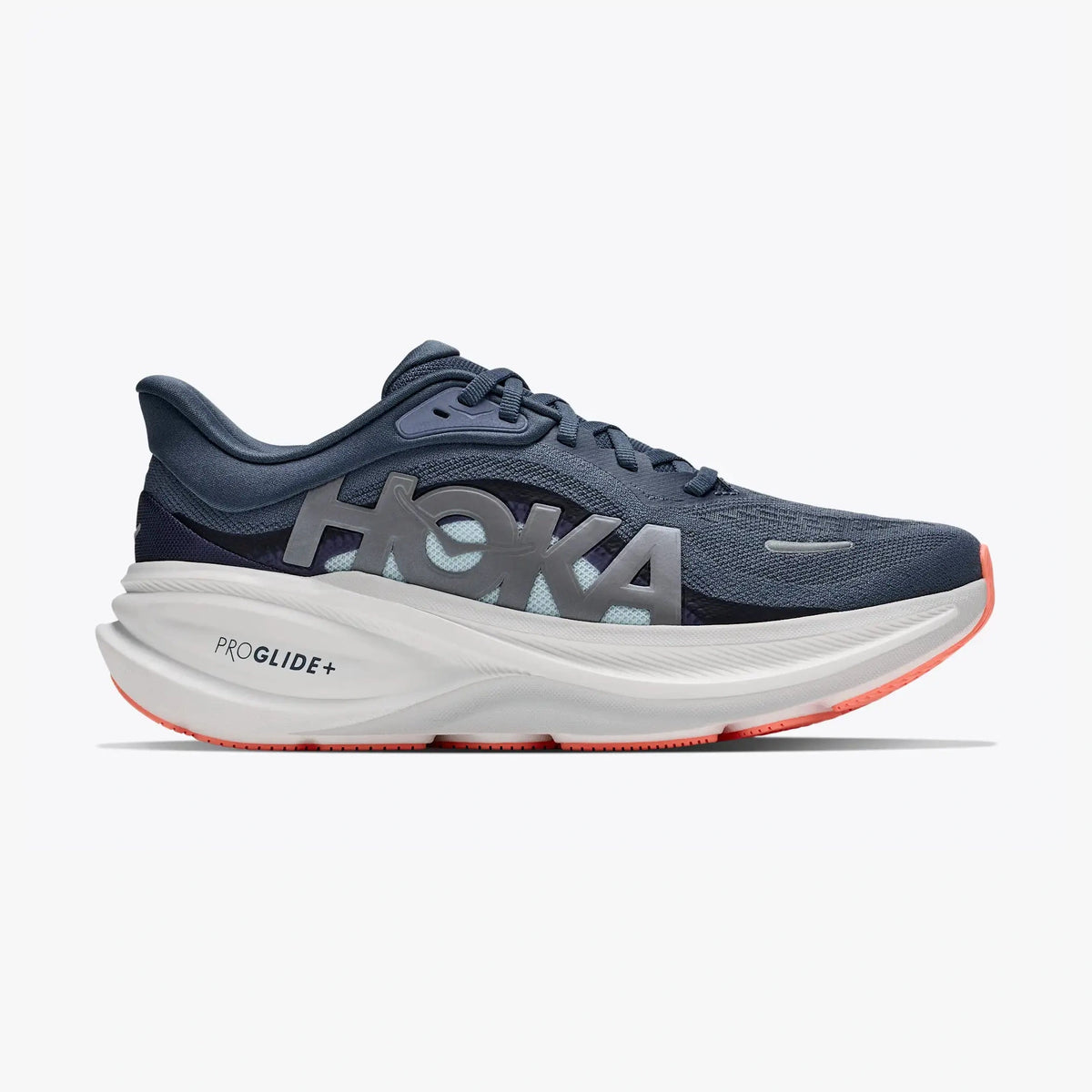 A Clifton Pro – Women's running shoe in navy blue and white, featuring a thick white midsole with 'PROGLIDE+' text and a coral orange outsole edge, shown against a light gray background.