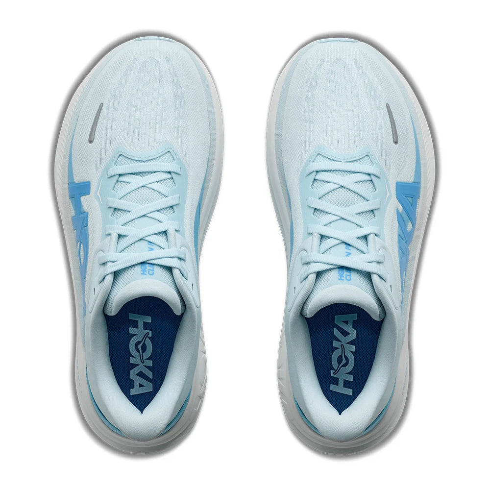 A pair of Clifton Pro – Women's running shoes in light blue and white, shown from a top-down view on a white background.