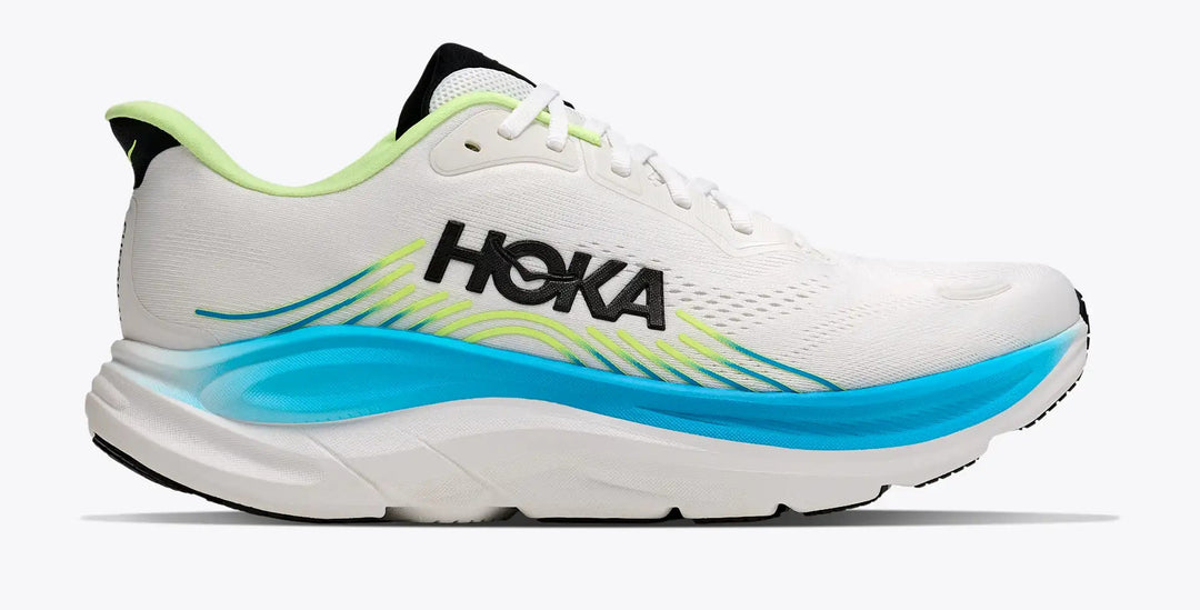 White Hoka Men's Clifton 11 running shoe with blue and green accents on a white background