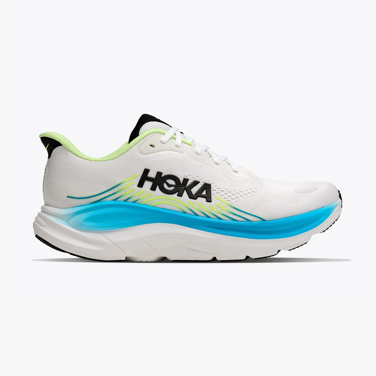 A white Hoka Clifton 11 – Men's running shoe with a bright blue and neon yellow-green wave design on the side, set against a clean white background.