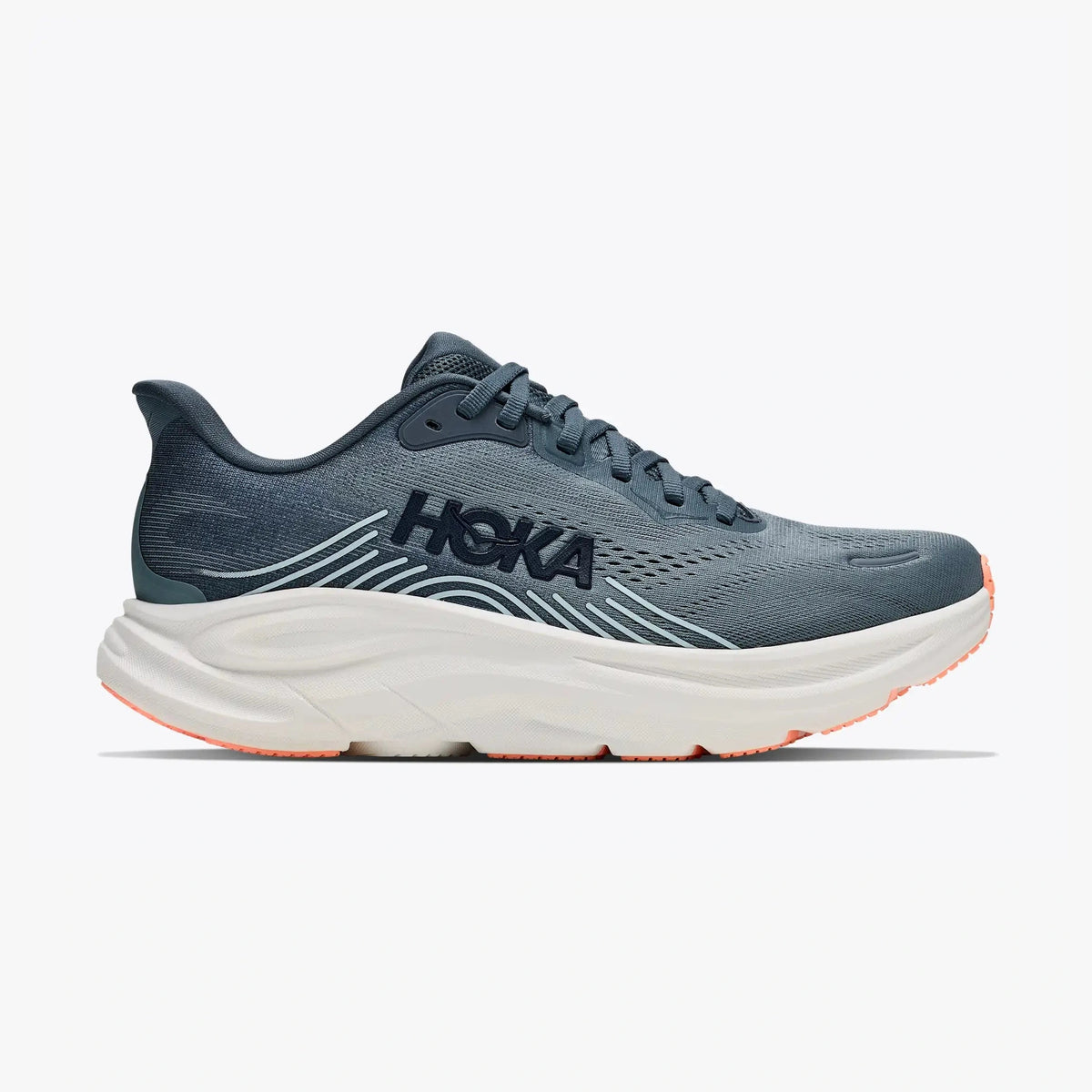 A Hoka Clifton 11 – Women's running shoe in slate blue-gray with a thick white midsole and a subtle orange outsole edge, shown from the side on a light gray background.