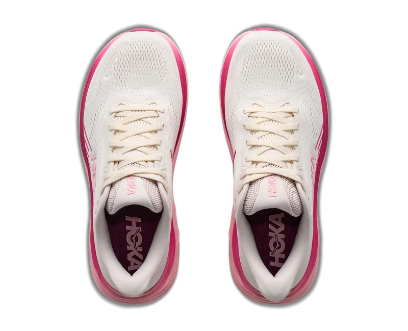 A pair of Hoka Clifton 11 – Women's running shoes shown from a top-down view, featuring a white mesh upper with vibrant pink accents, white laces, and a pink and white sole.