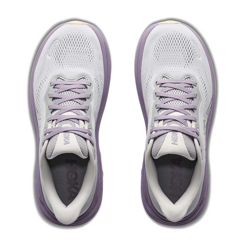 Pair of white and purple Hoka Clifton 11 – Women's running shoes on a white background