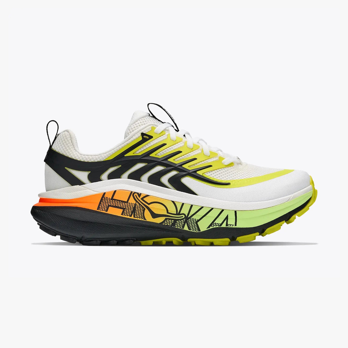 A Stinson 8 – Men's running shoe in white, black, and neon yellow-green, with a bright orange section on the midsole, shown in a side profile against a light gray background.