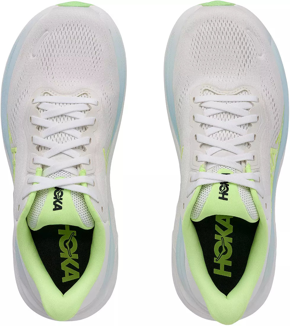 White Hoka Clifton 11 – Women's running shoes with green accents and Hoka branding on a white background