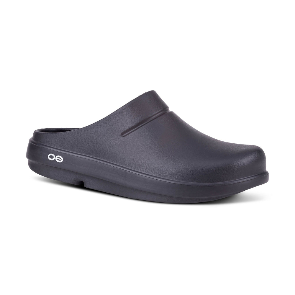 A OOfos OOclog clog-style slip-on shoe with a thick sole and a small white logo on the heel, shown against a plain white background.