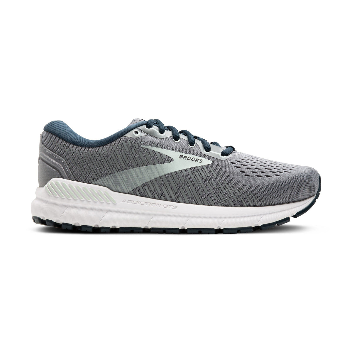 Brooks Addiction Gts 15 – Women's running shoe in gray and white with a dark teal collar and laces, shown in a side profile on a white background.