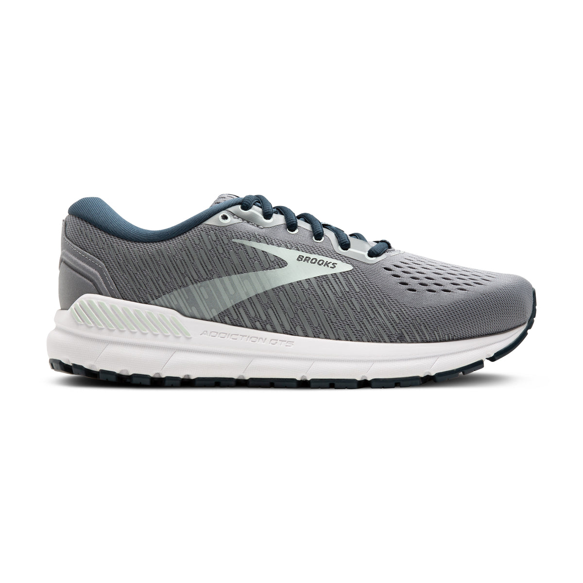 Brooks Addiction Gts 15 – Women's running shoe in gray and white with a dark teal collar and laces, shown in a side profile on a white background.